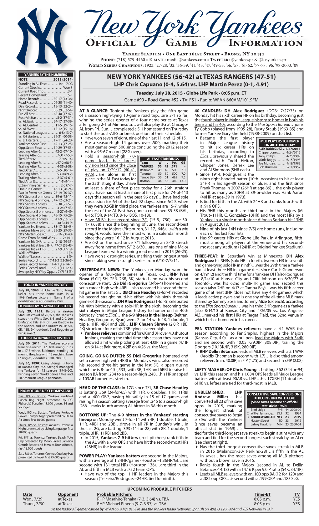 NYY Game Notes 07-28-15 at Texas.Indd