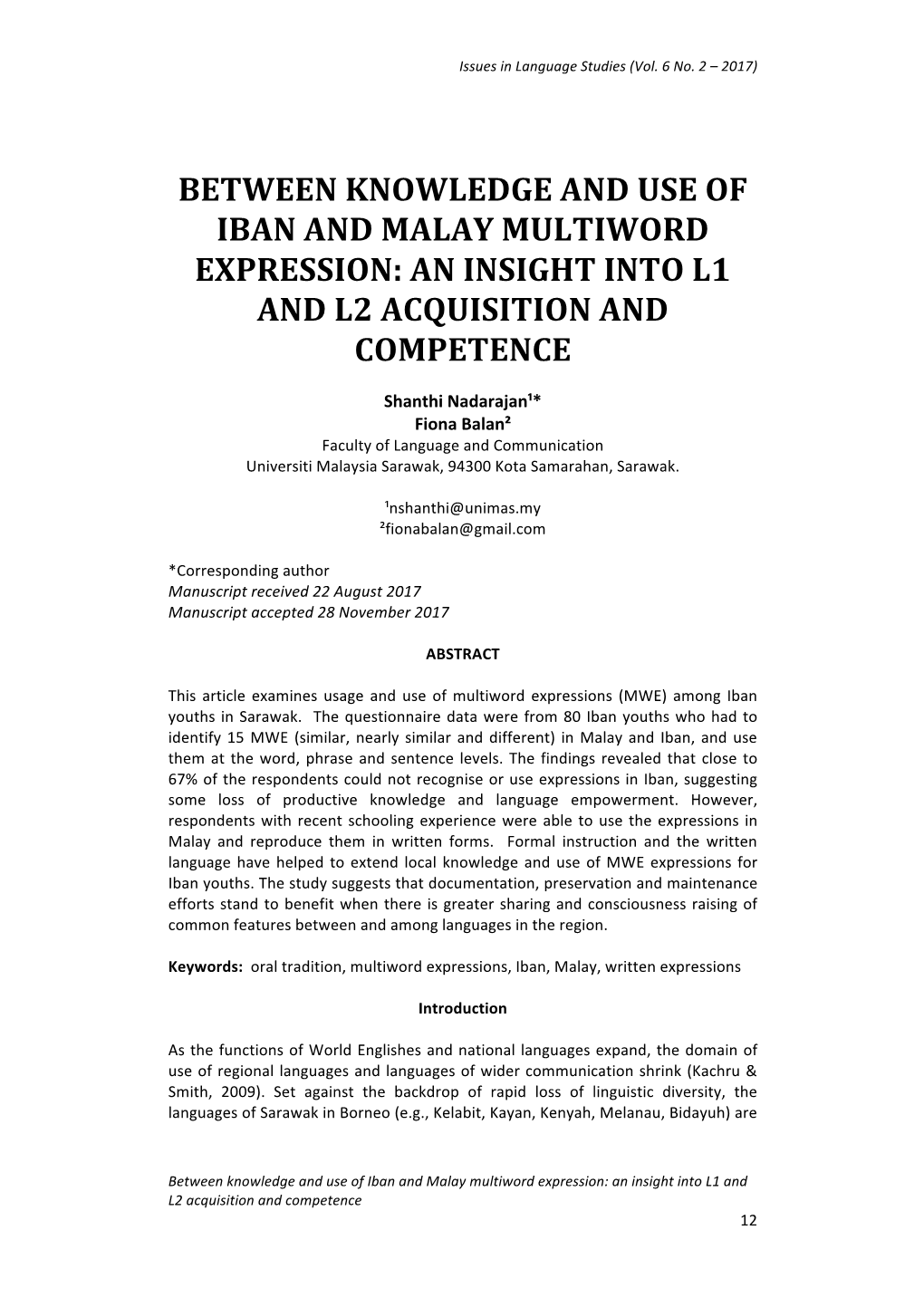 Between Knowledge and Use of Iban and Malay Multiword Expression: an Insight Into L1 and L2 Acquisition and Competence