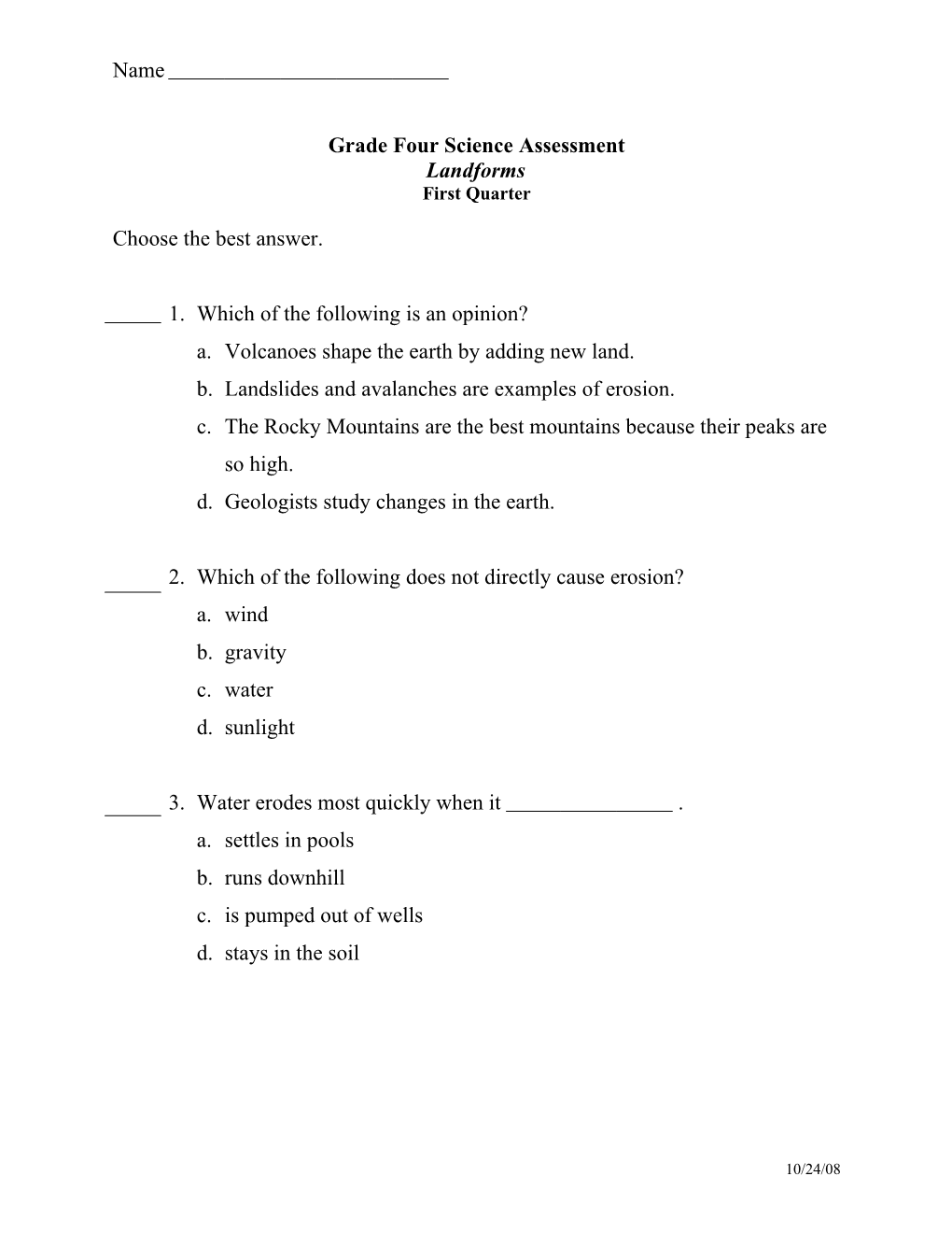 4Th Grade Indicators Assessment