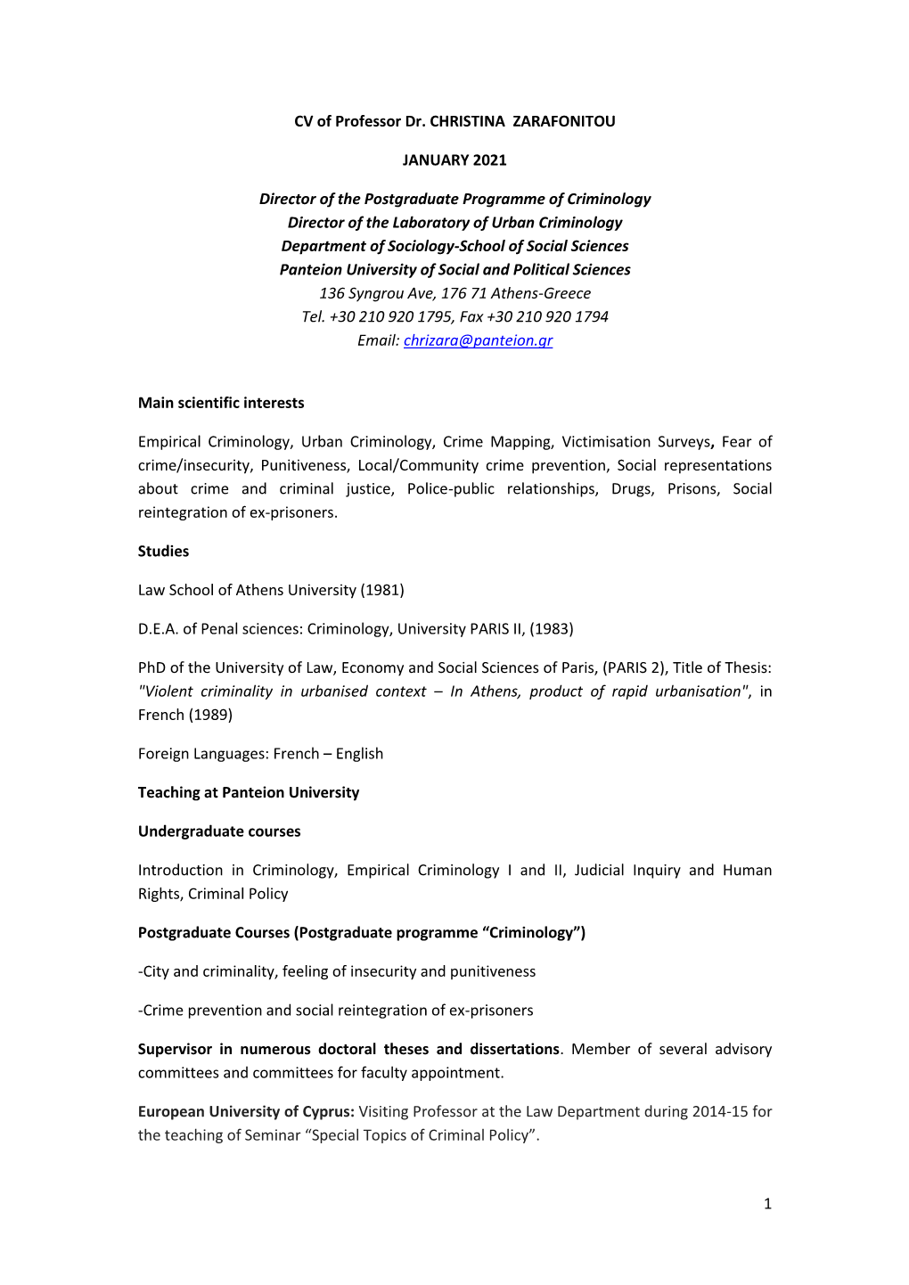 CV of Professor Dr. CHRISTINA ZARAFONITOU