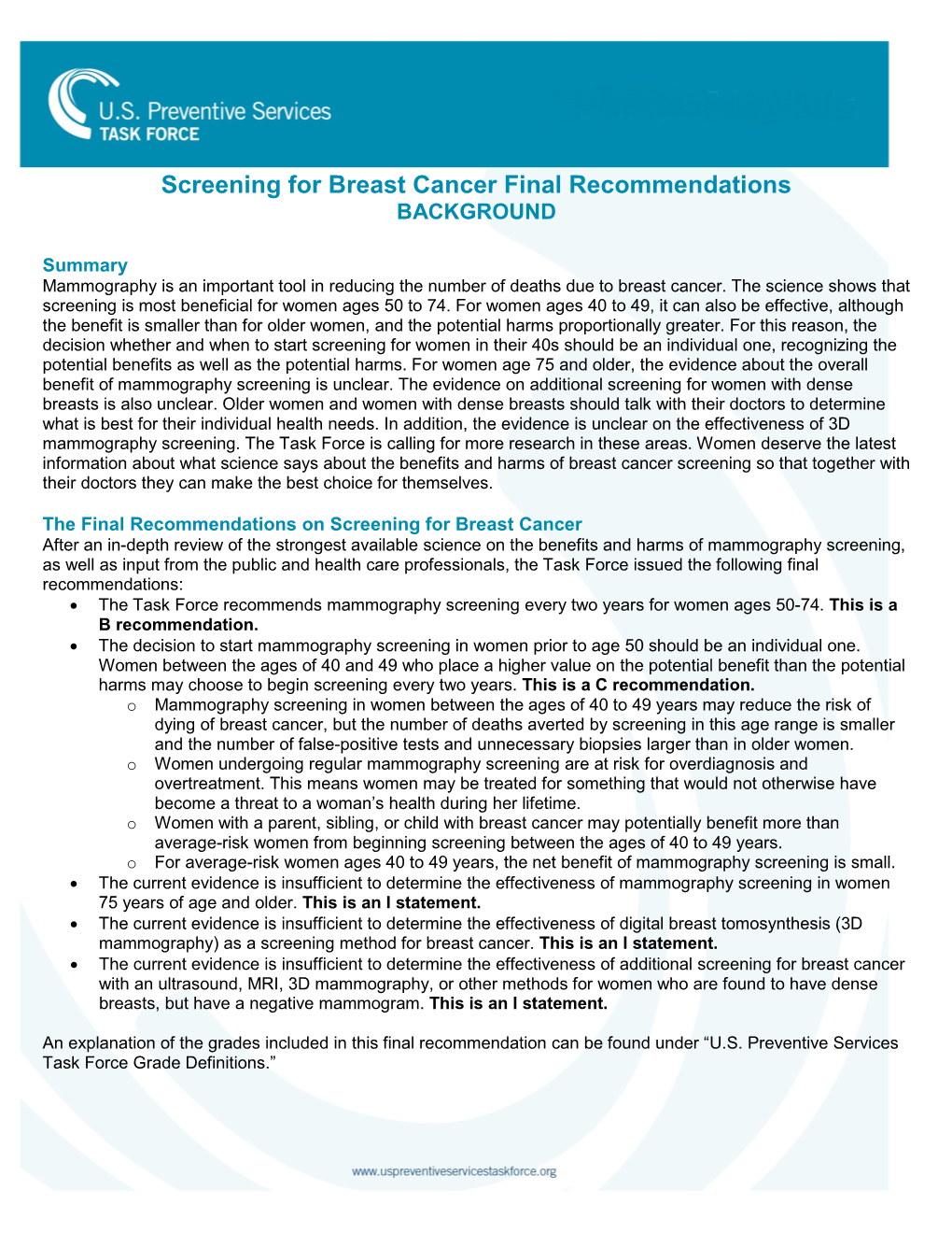 Screening for Breast Cancer Background