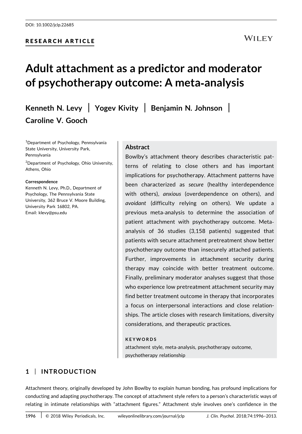 Adult Attachment As a Predictor and Moderator of Psychotherapy Outcome: a Meta‐Analysis