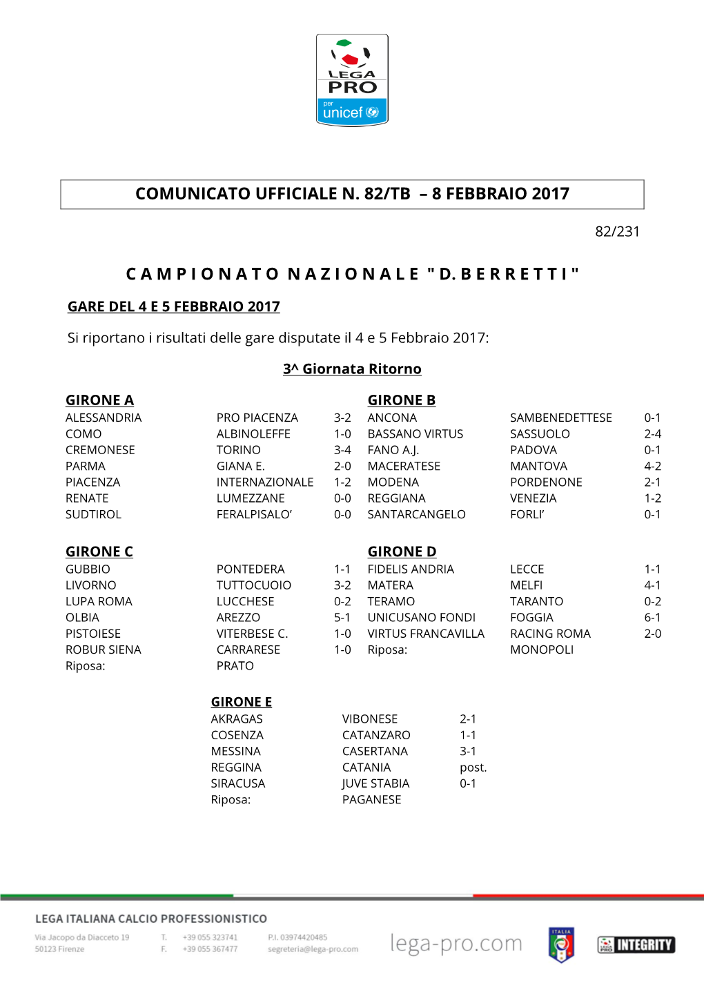 Comunicato Ufficiale N. 82/Tb – 8 Febbraio 2017