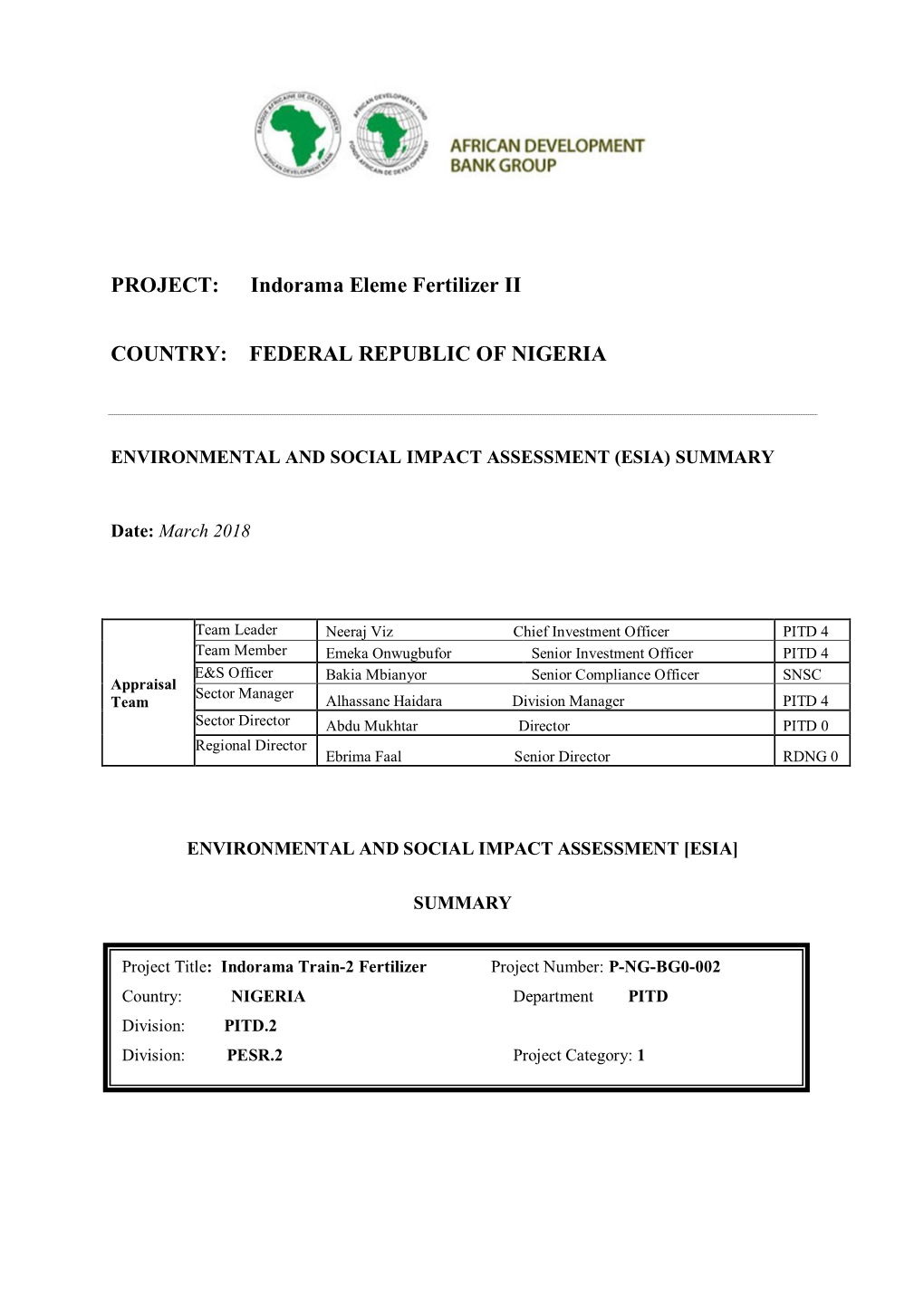 ESIA Summary-Indorama Eleme Fertilizer II-NIGERIA