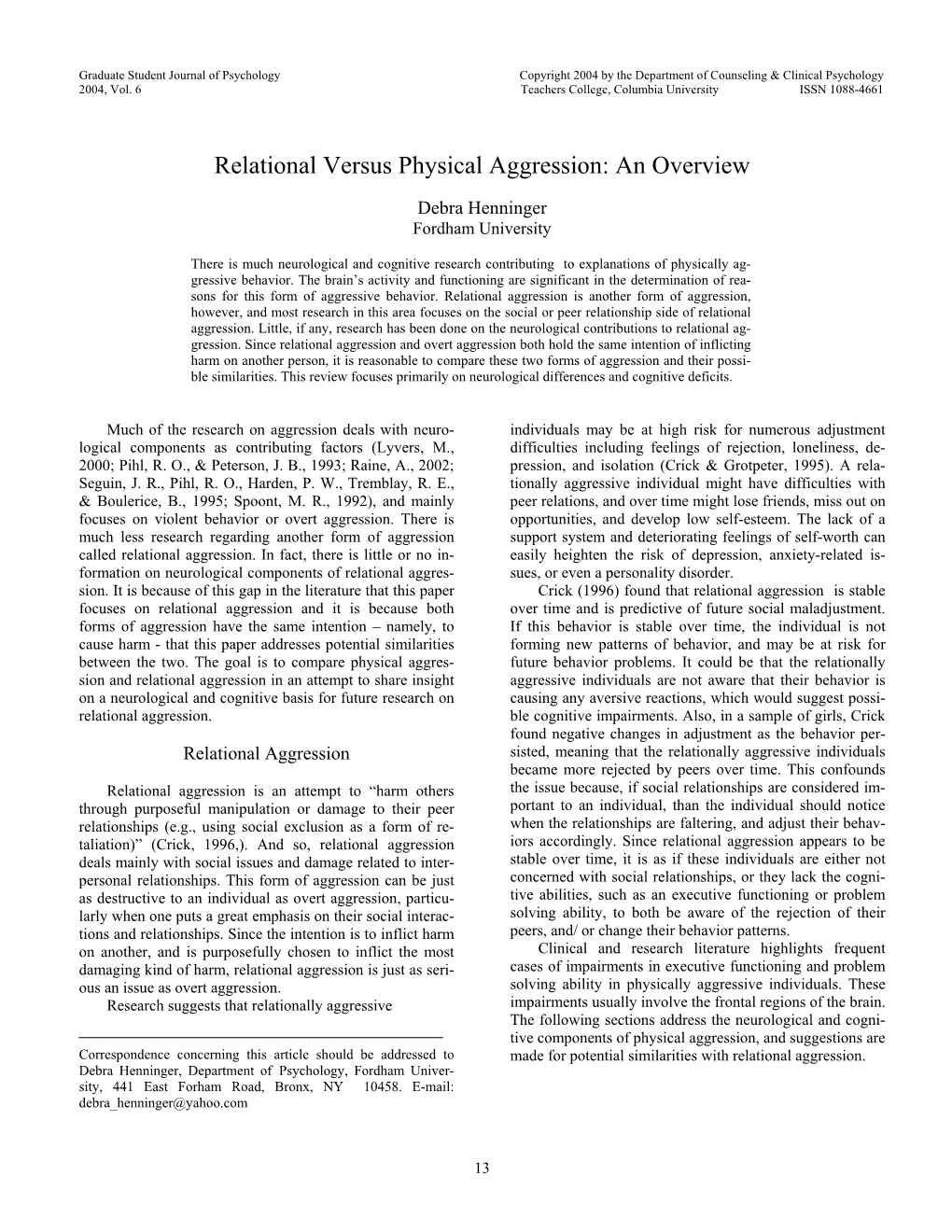 Relational Versus Physical Aggression: an Overview