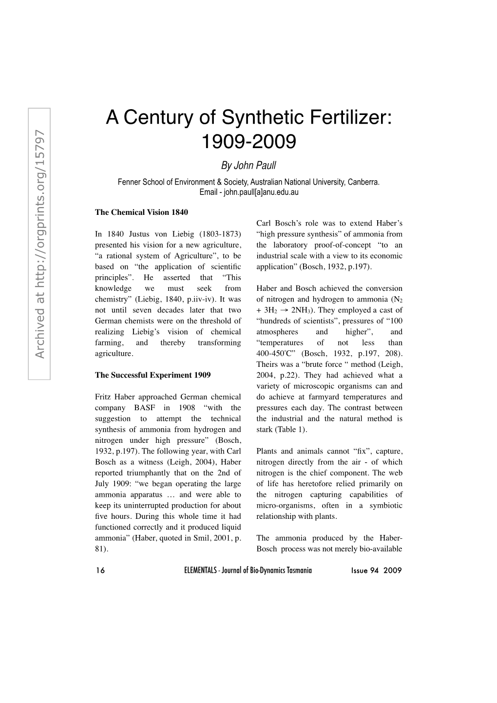 A Century of Synthetic Fertilizer: 1909-2009 by John Paull Fenner School of Environment & Society, Australian National University, Canberra