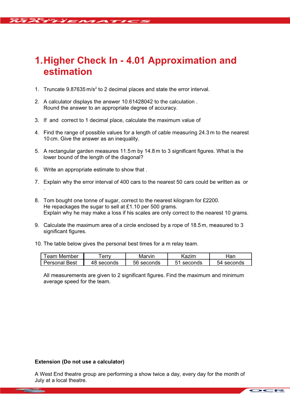 GCSE (9-1) Mathematics Higher Check in - 4.01 Approximation and Estimation