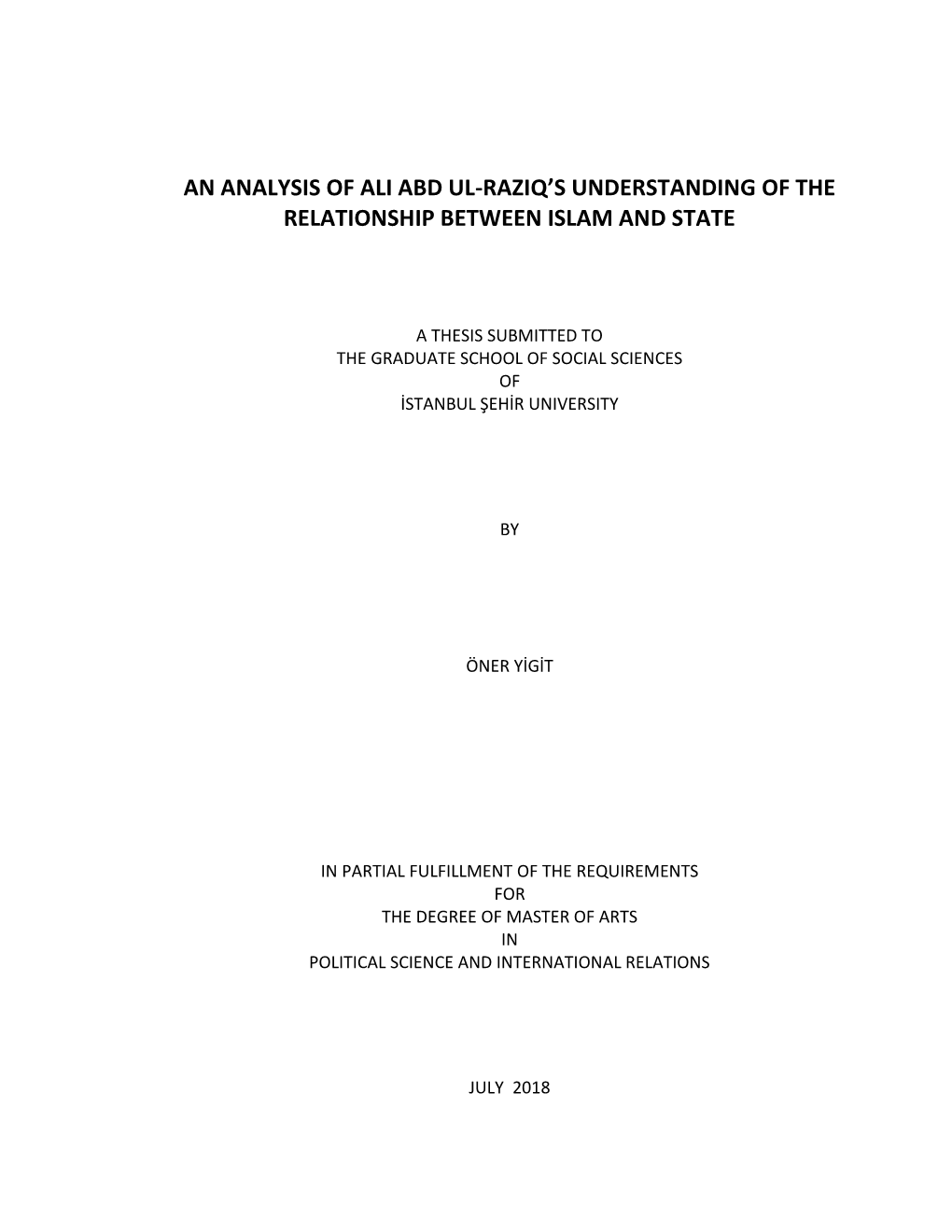 An Analysis of Ali Abd Ul-Raziq's Understanding of the Relationship