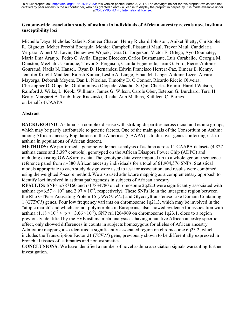 Genome-Wide Association Study of Asthma in Individuals of African Ancestry Reveals Novel Asthma Susceptibility Loci