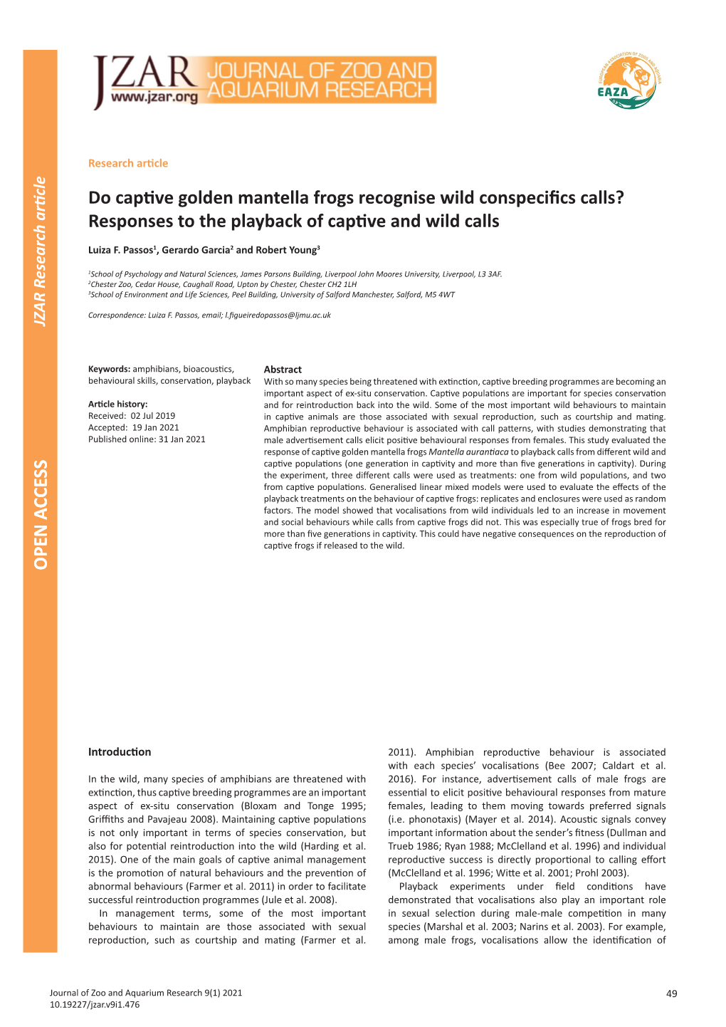 Do Captive Golden Mantella Frogs Recognise Wild Conspecifics Calls?