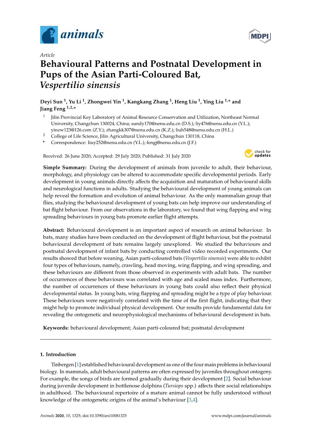 Behavioural Patterns and Postnatal Development in Pups of the Asian Parti-Coloured Bat, Vespertilio Sinensis