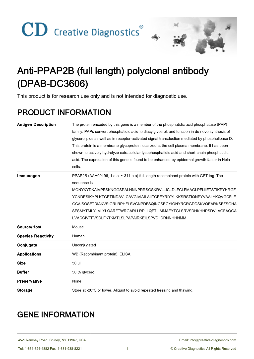 Anti-PPAP2B (Full Length) Polyclonal Antibody (DPAB-DC3606) This Product Is for Research Use Only and Is Not Intended for Diagnostic Use