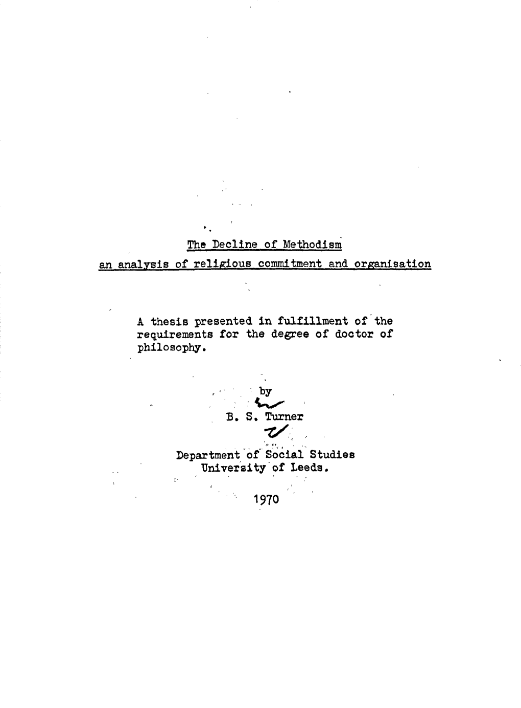 The Decline of Methodism D. S. Turner -VII , Department of Social