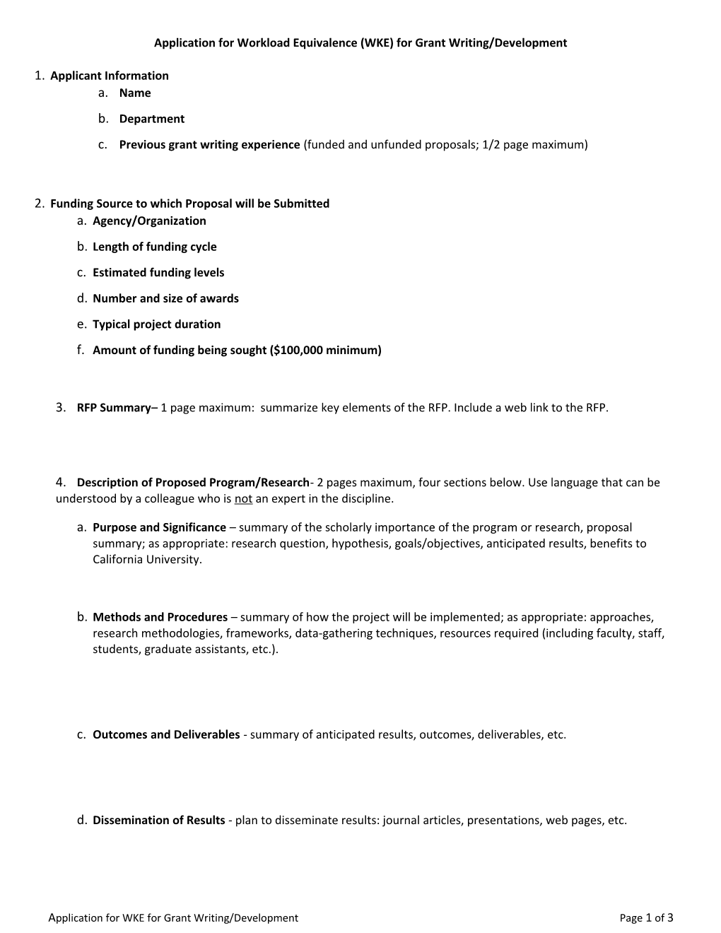 Application for Workload Equivalence (WKE) for Grant Writing/Development