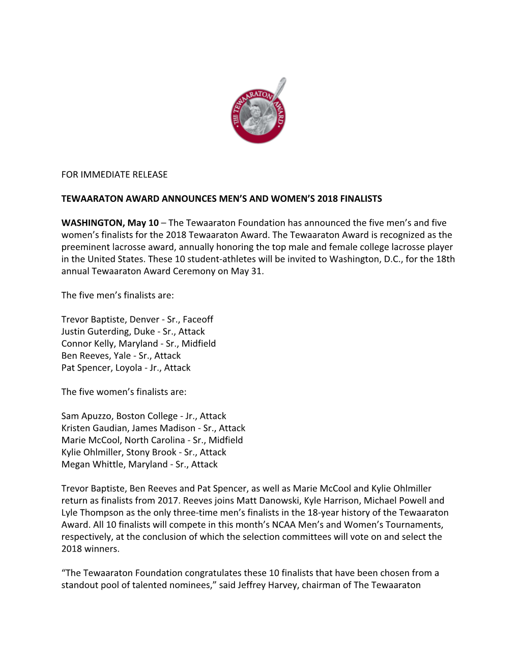 FOR IMMEDIATE RELEASE TEWAARATON AWARD ANNOUNCES MEN's and WOMEN's 2018 FINALISTS WASHINGTON, May 10​– the Tewaaraton Fo