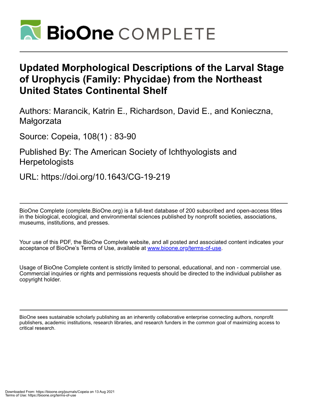 Updated Morphological Descriptions of the Larval Stage of Urophycis (Family: Phycidae) from the Northeast United States Continental Shelf