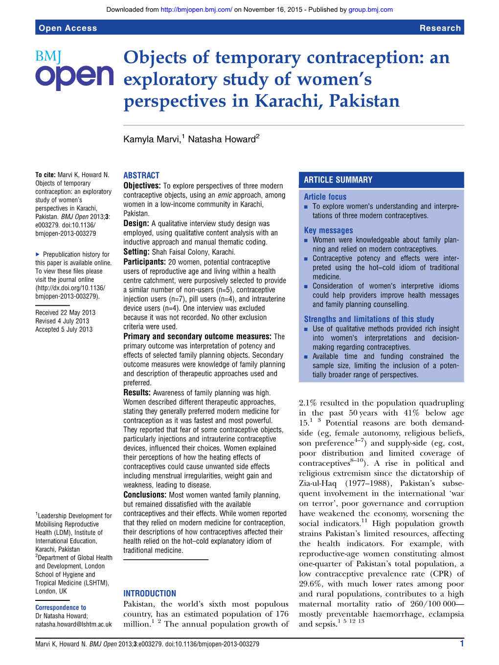 Objects of Temporary Contraception: an Exploratory Study of Women's Perspectives in Karachi, Pakistan Kamyla Marvi and Natasha Howard