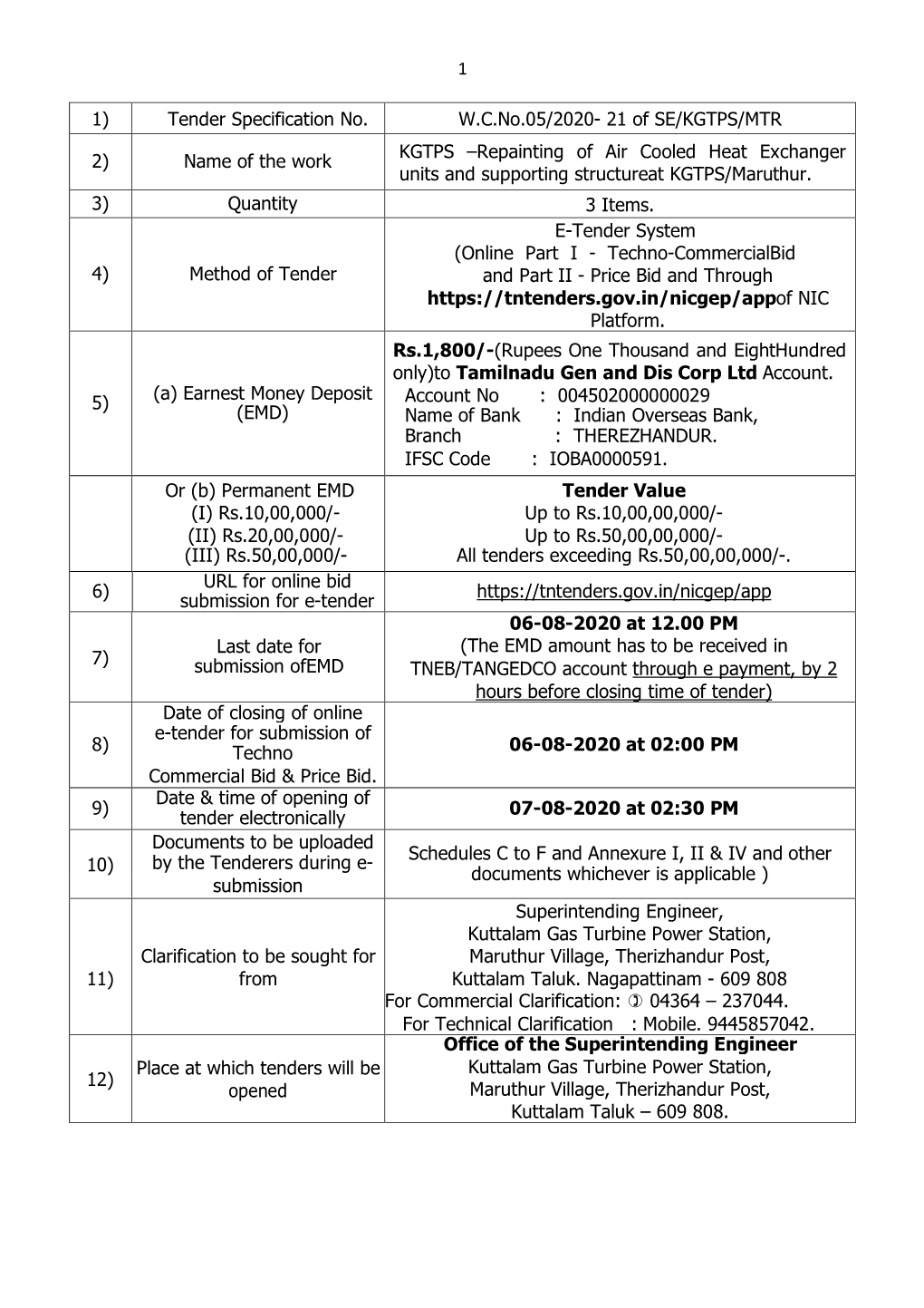 1 1) Tender Specification No. W.C.No.05/2020- 21 of SE/KGTPS