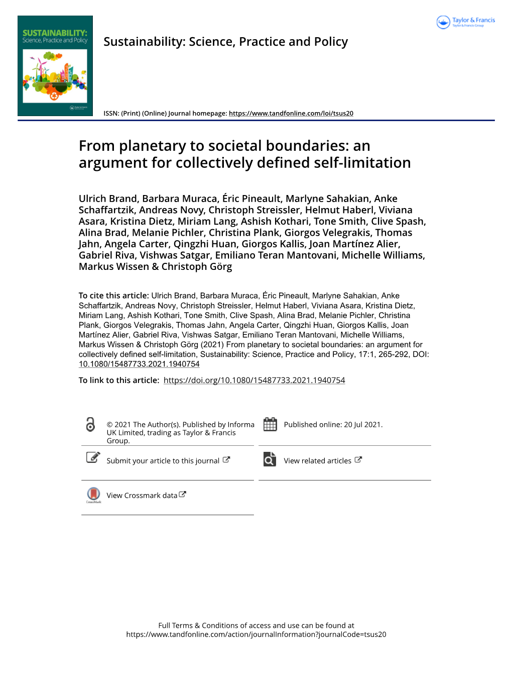 From Planetary to Societal Boundaries: an Argument for Collectively Defined Self-Limitation