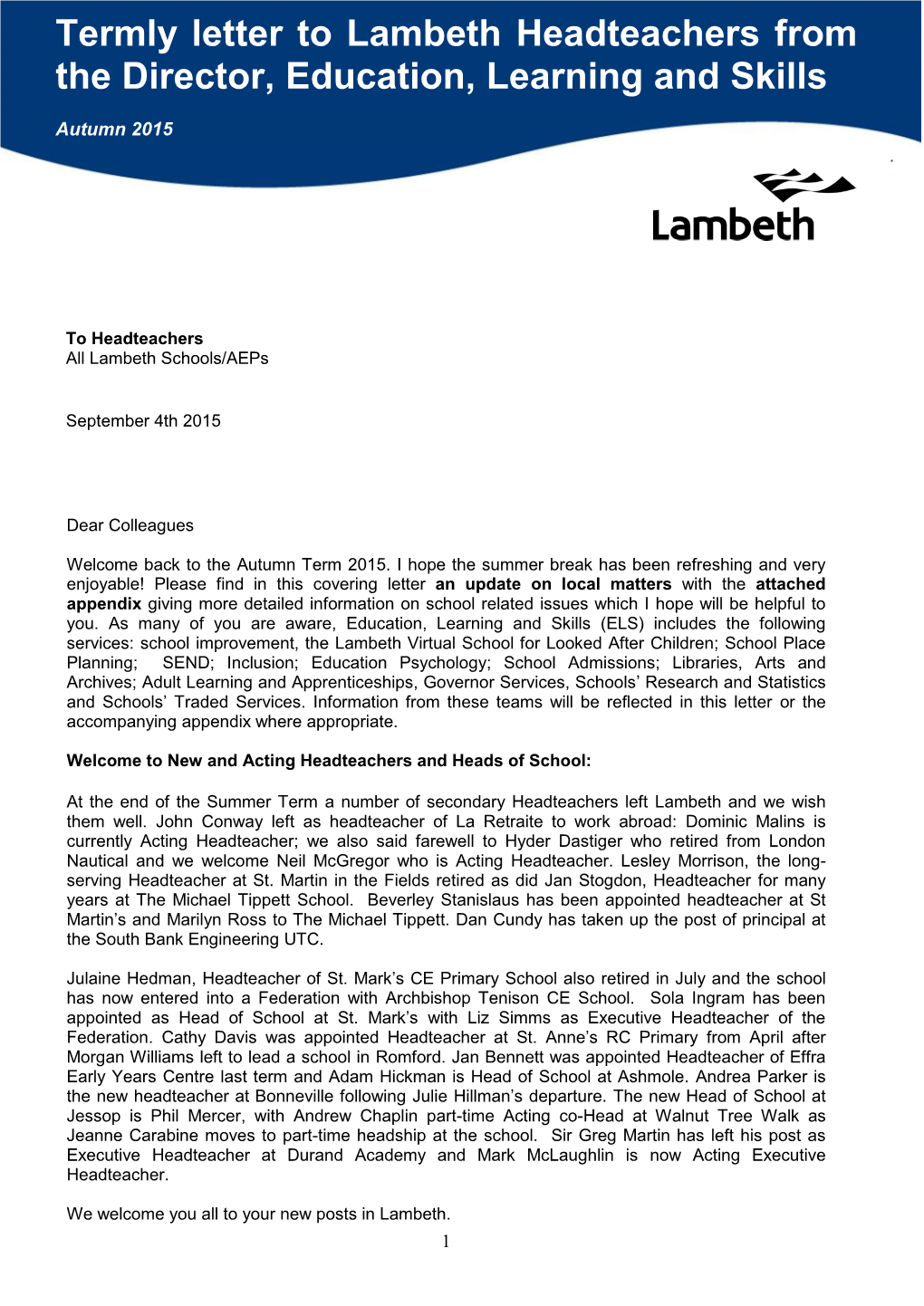 Termly Letter to Lambeth Headteachers from the Director, Education, Learning and Skills