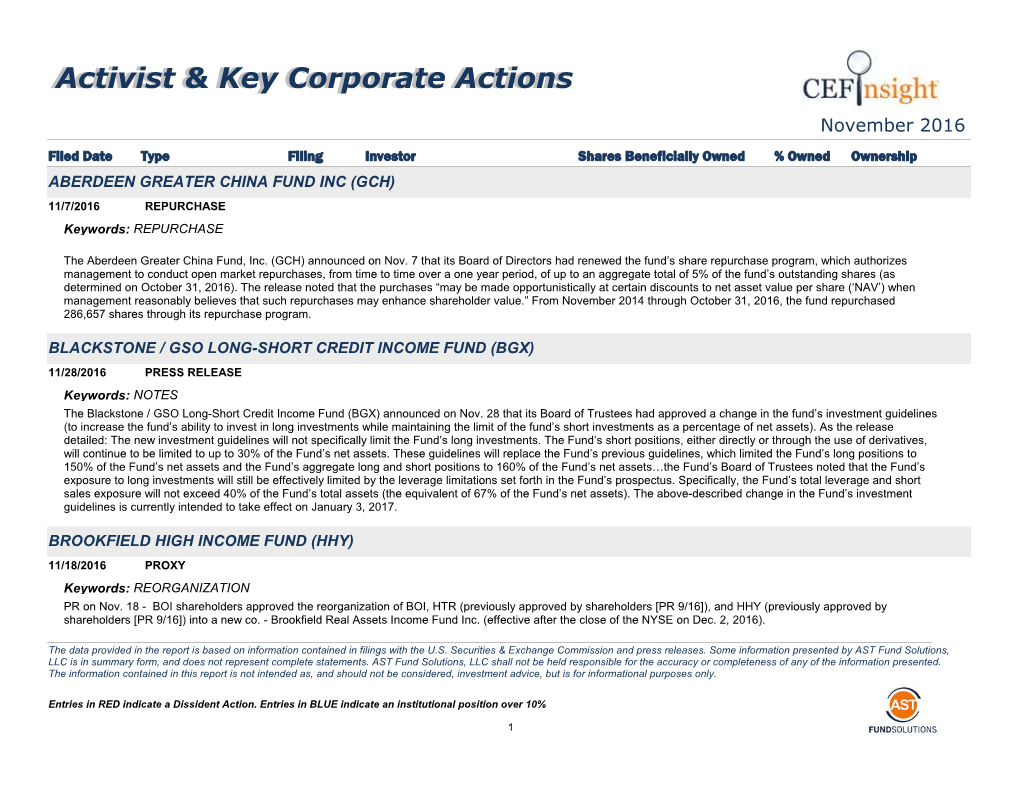 Activist & Key Corporate Actions