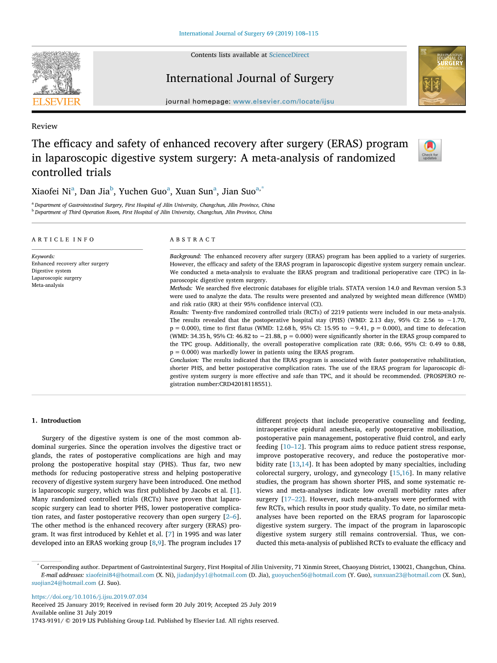 The Efficacy and Safety of Enhanced Recovery After Surgery (ERAS