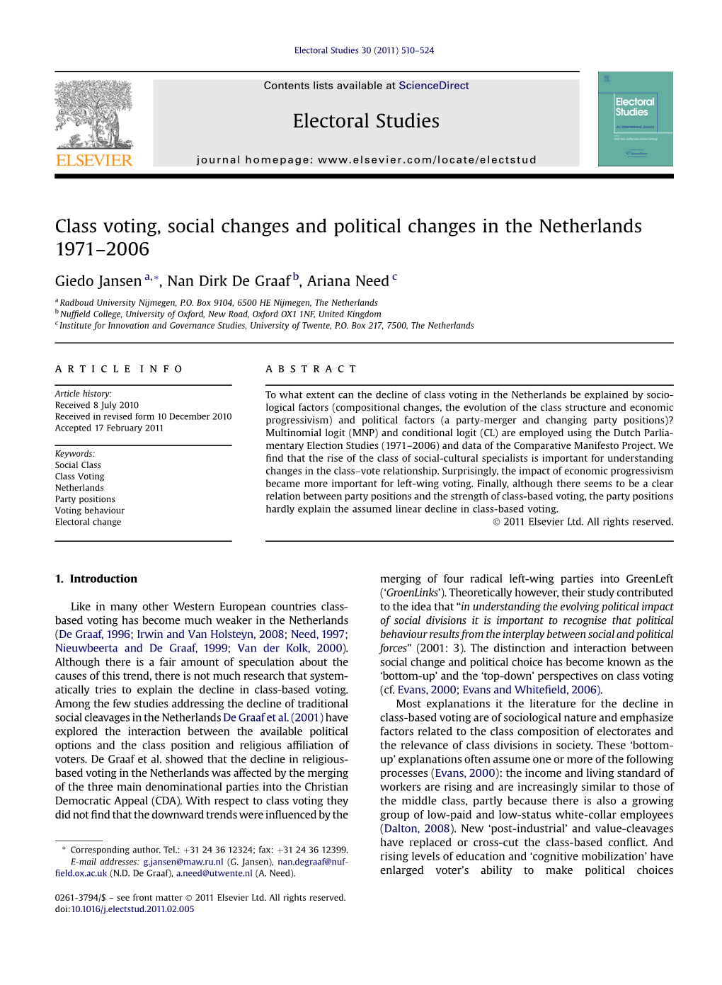 Class Voting, Social Changes and Political Changes in the Netherlands 1971-2006