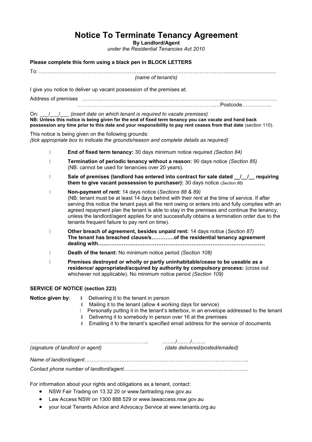 Notice to Terminate Tenancy Agreement