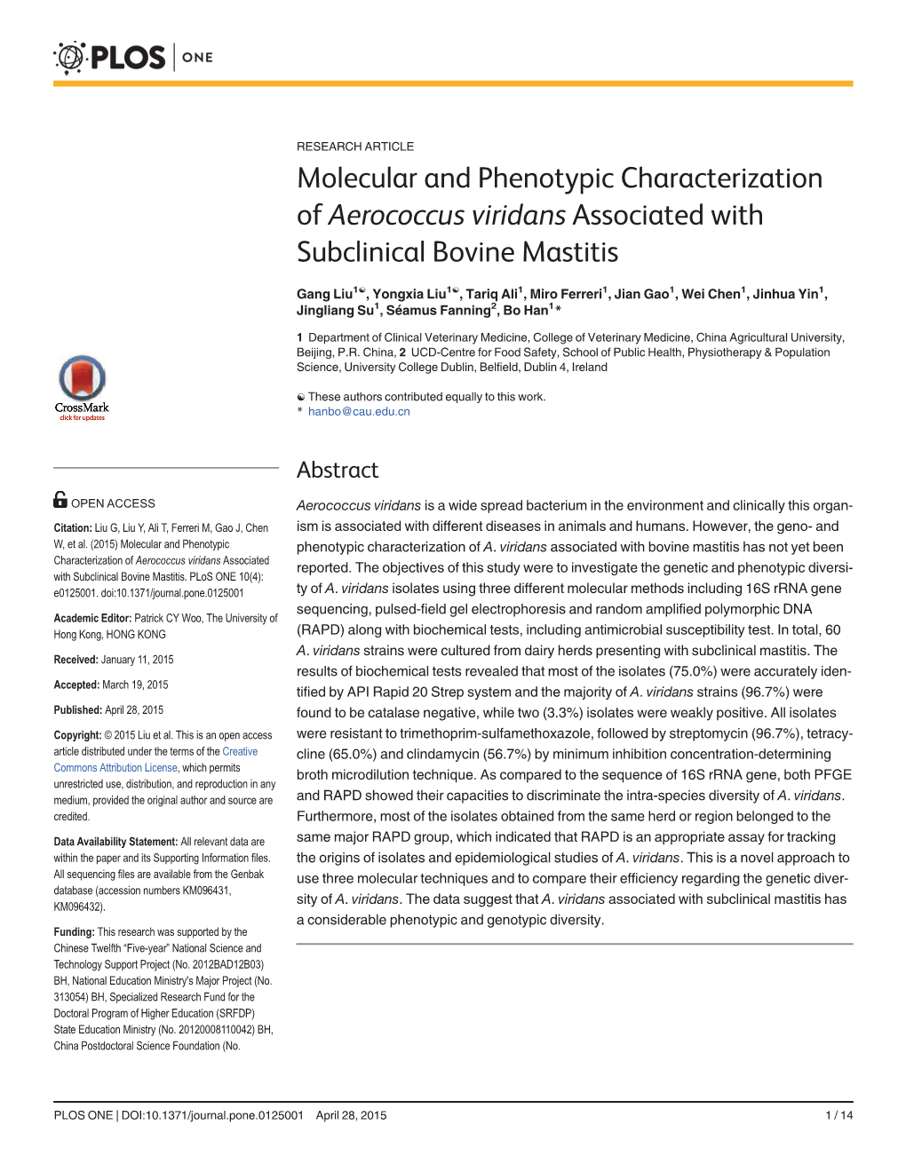 Molecular and Phenotypic Characterization of Aerococcus Viridans Associated with Subclinical Bovine Mastitis