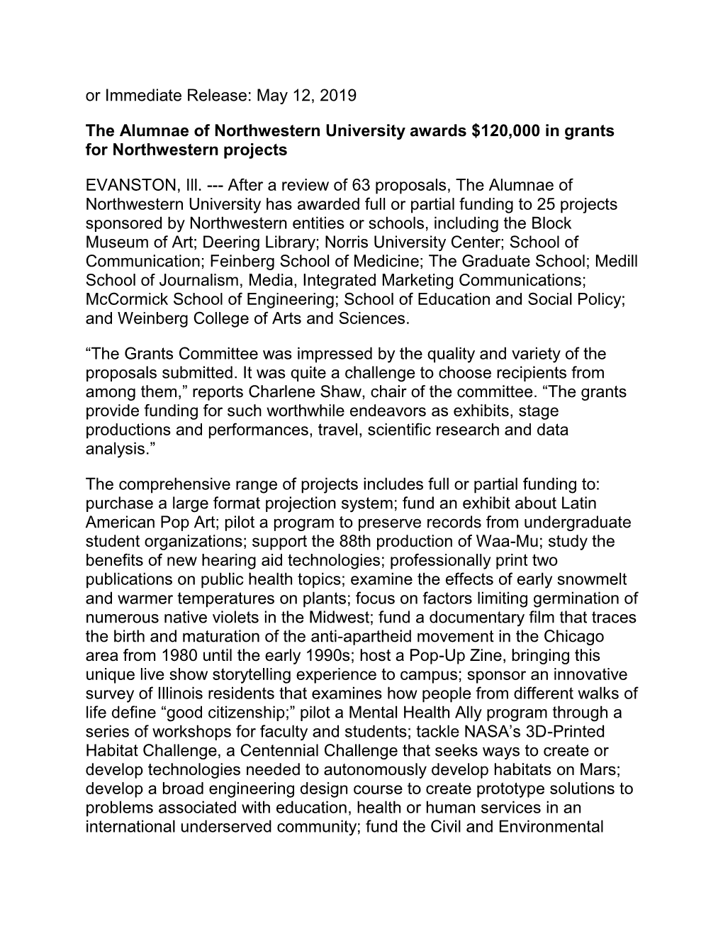 Or Immediate Release: May 12, 2019 the Alumnae of Northwestern