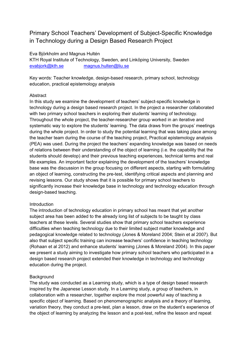 Primary School Teachers' Development of Subject-Specific