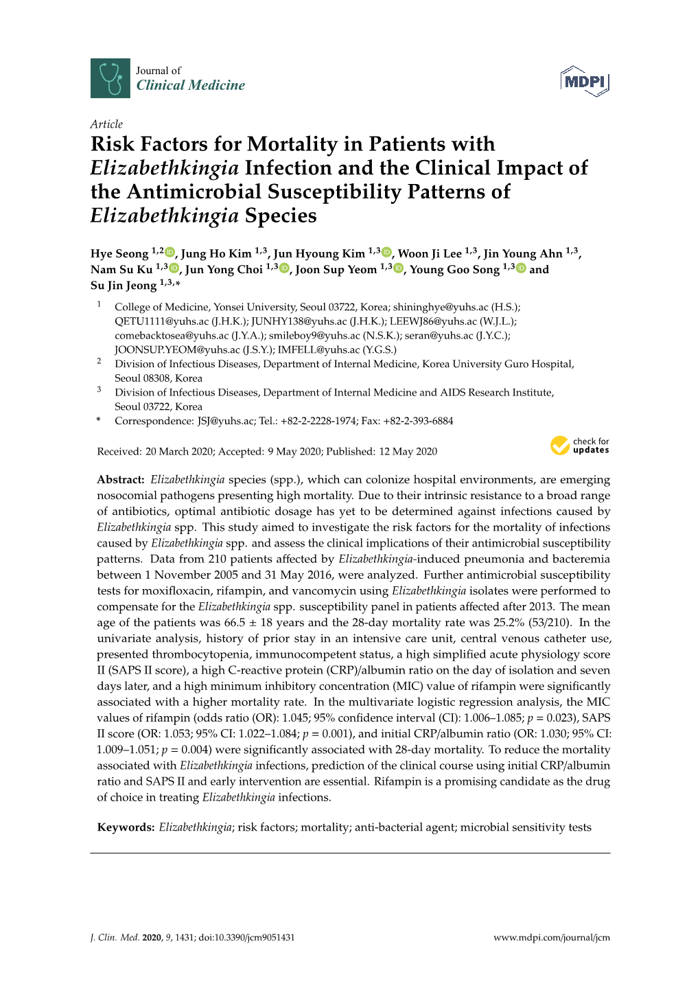 Risk Factors for Mortality in Patients with Elizabethkingia Infection and the Clinical Impact of the Antimicrobial Susceptibility Patterns of Elizabethkingia Species