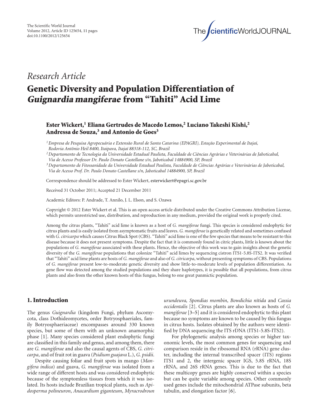 Genetic Diversity and Population Differentiation of Guignardia Mangiferae from “Tahiti” Acid Lime