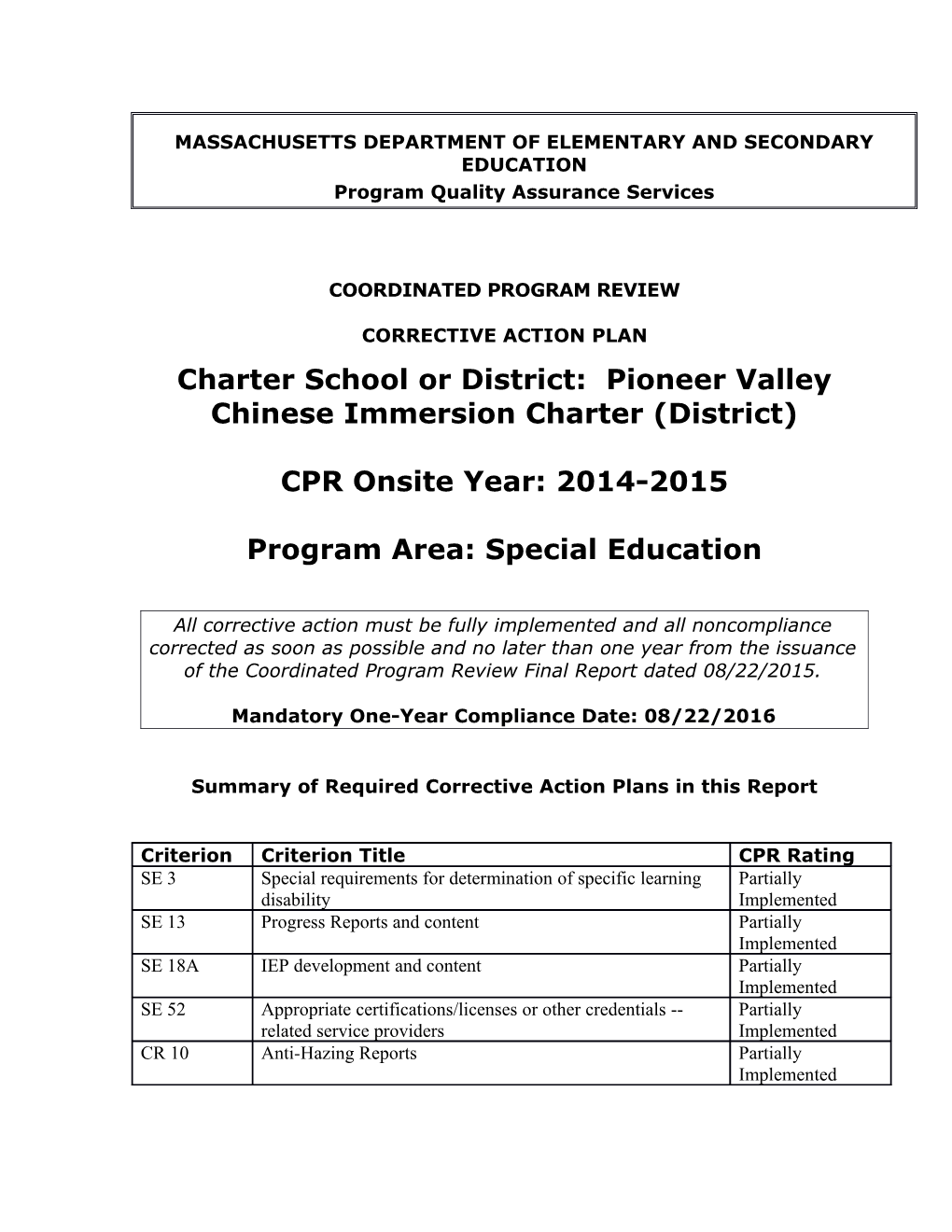 Pioneer Valley Chinese Immersion Charter School CAP 2015