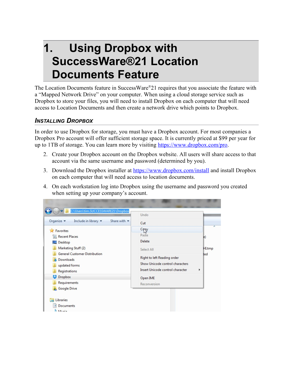 Using Dropbox with Successware 21 Location Documents Feature