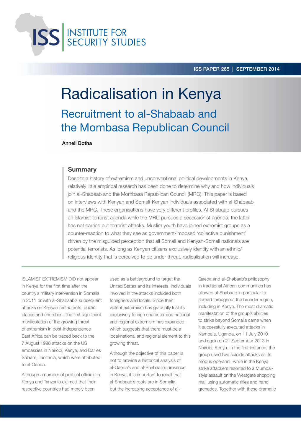 Radicalisation in Kenya Recruitment to Al-Shabaab and the Mombasa Republican Council
