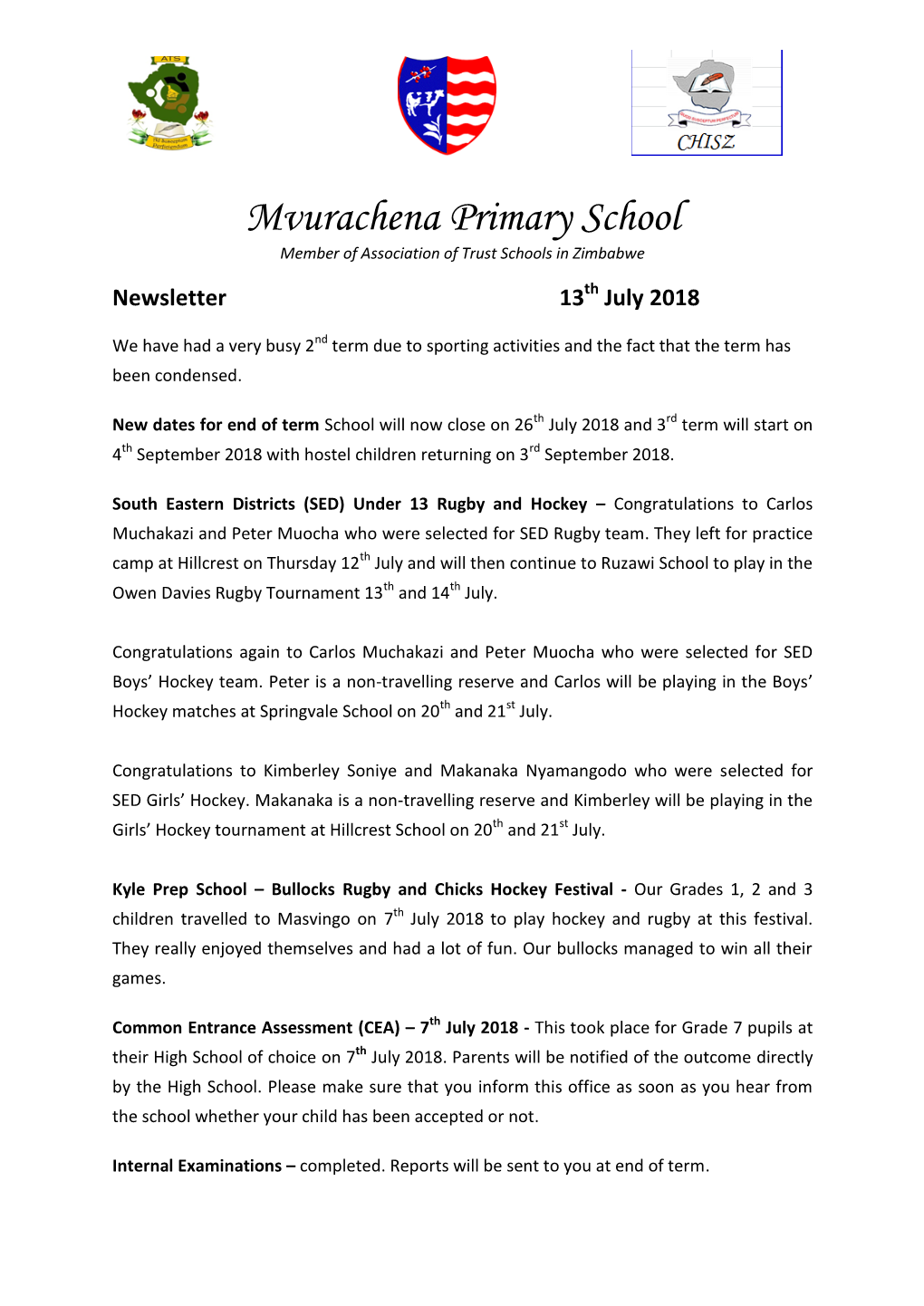 Mvurachena Primary School Member of Association of Trust Schools in Zimbabwe Newsletter 13Th July 2018