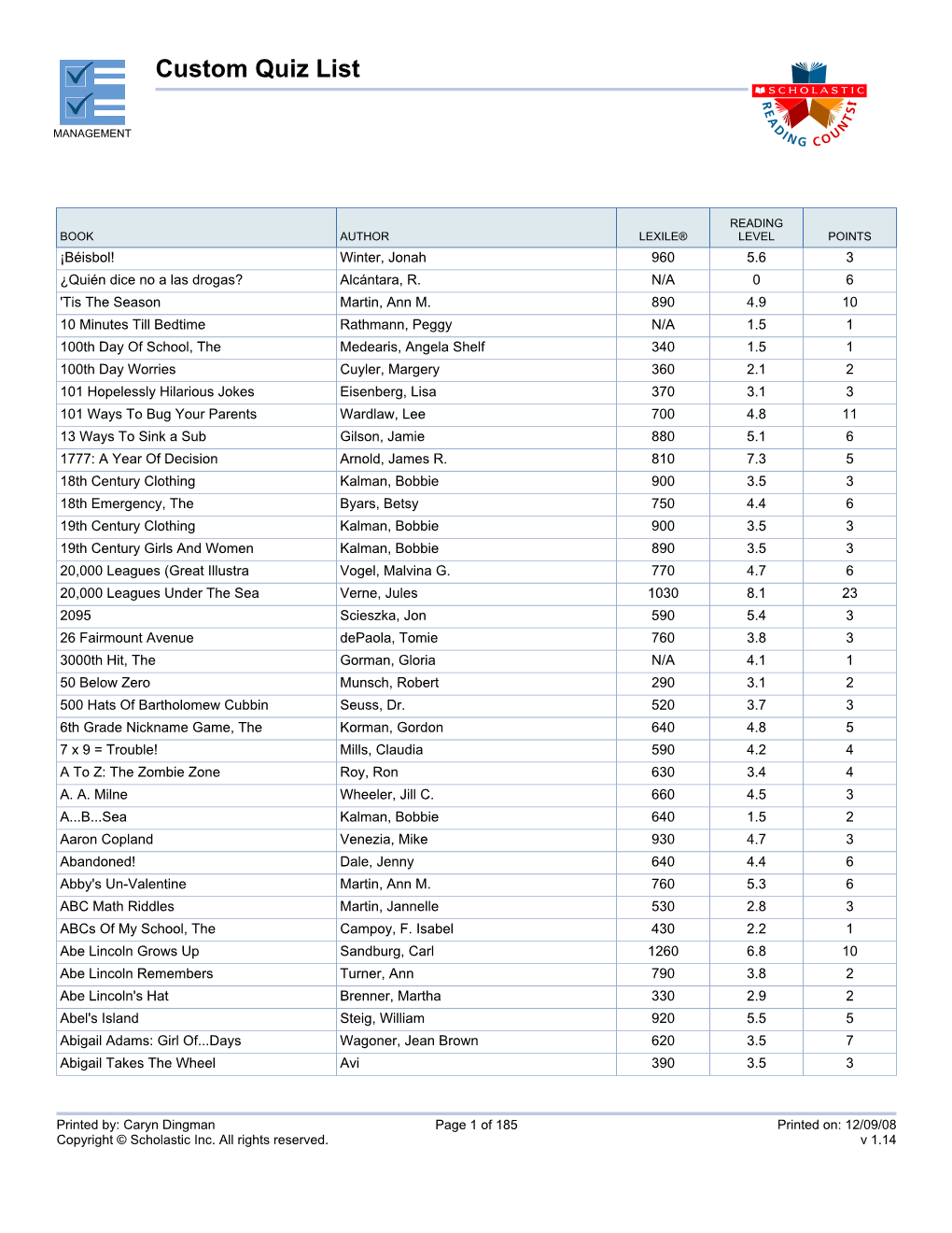 Custom Quiz List