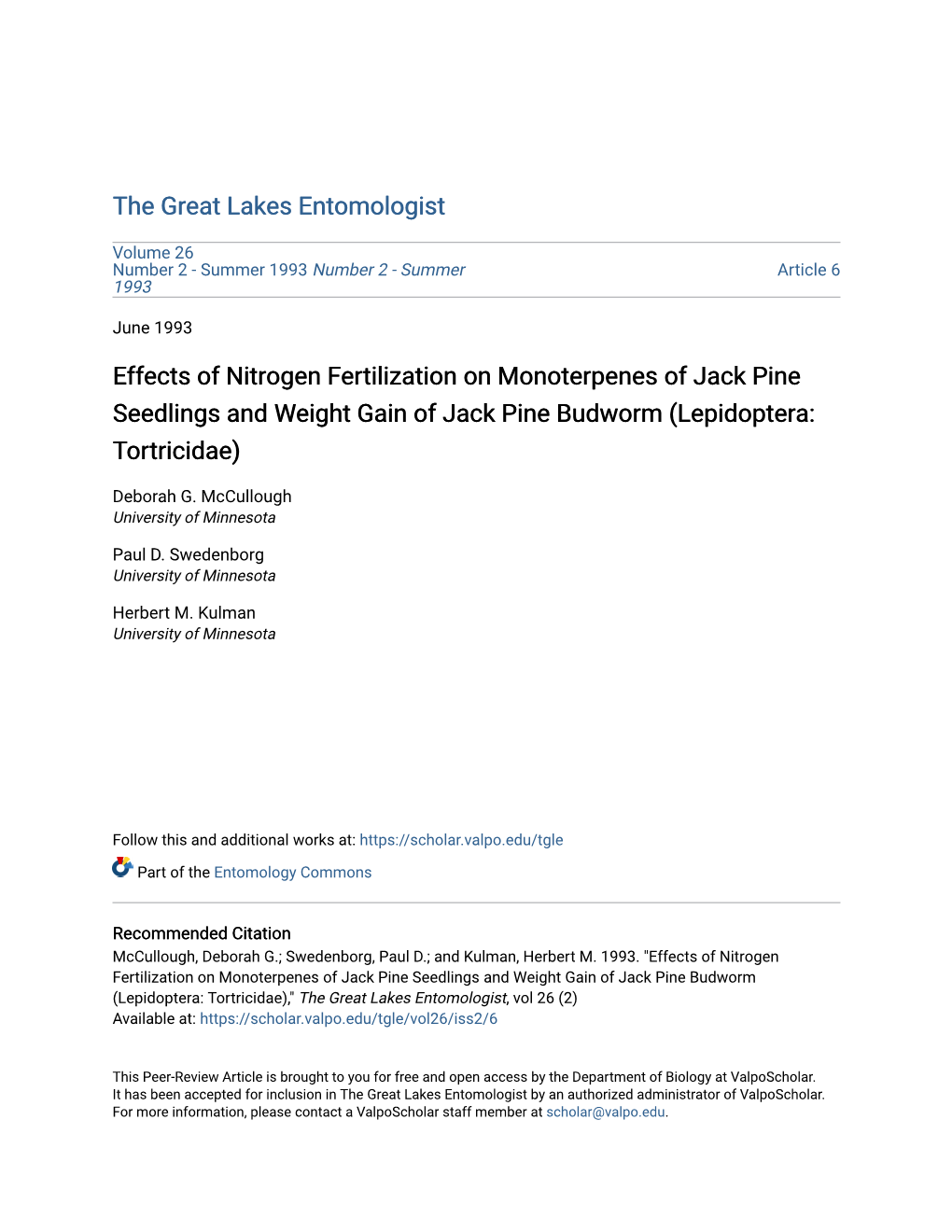 Effects of Nitrogen Fertilization on Monoterpenes of Jack Pine Seedlings and Weight Gain of Jack Pine Budworm (Lepidoptera: Tortricidae)