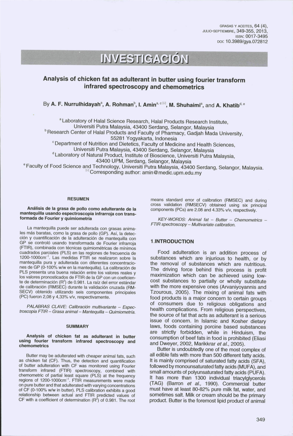 Analysis of Chicken Fat As Adulterant in Butter Using Fourier Transform Infrared Spectroscopy and Chemometrics