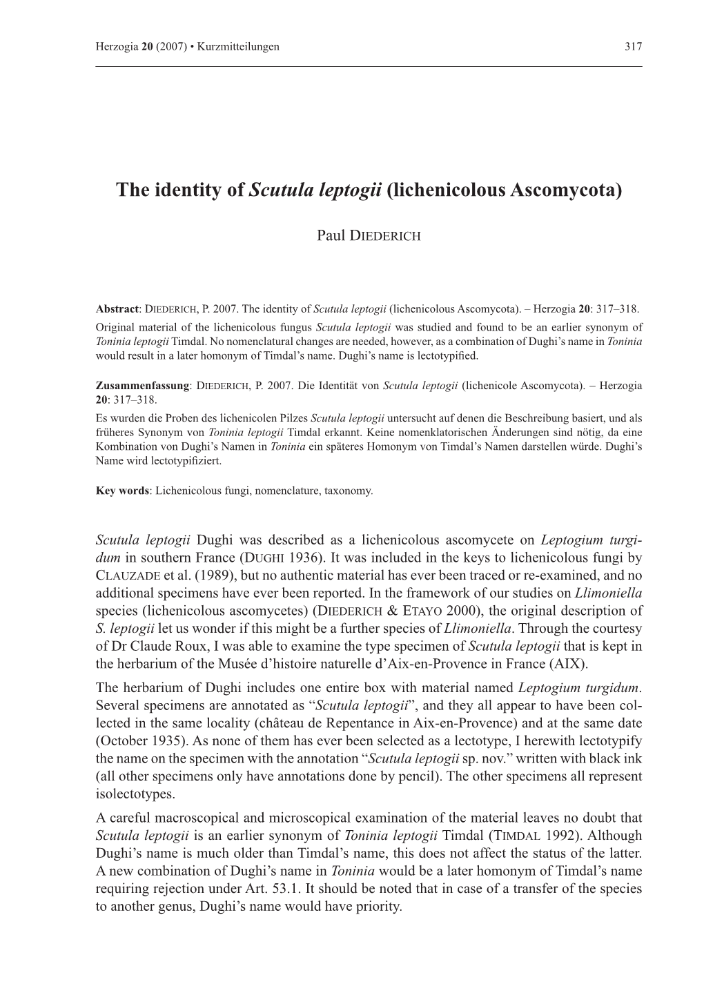 The Identity of Scutula Leptogii (Lichenicolous Ascomycota)