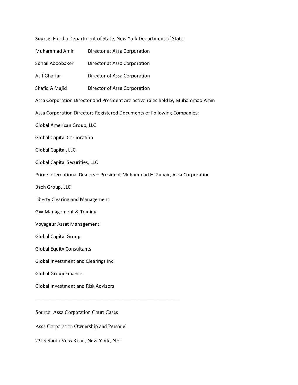 Source: Flordia Department of State, New York Department of State Muhammad Amin Director at Assa Corporation Sohail Aboobaker Di