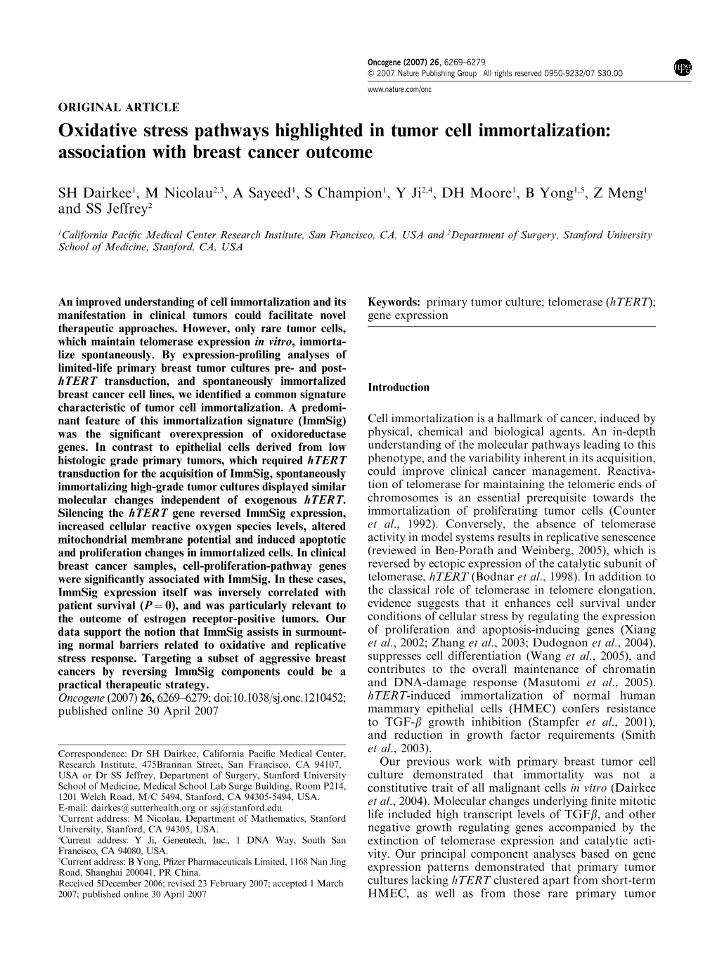 Oxidative Stress Pathways Highlighted in Tumor Cell Immortalization: Association with Breast Cancer Outcome