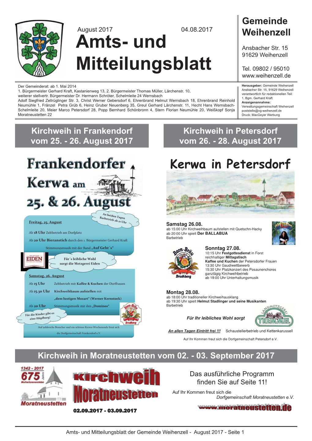 Amts- Und Mitteilungsblatt Der Gemeinde Weihenzell - August 2017 - Seite 1 Öffnungszeiten, Termine