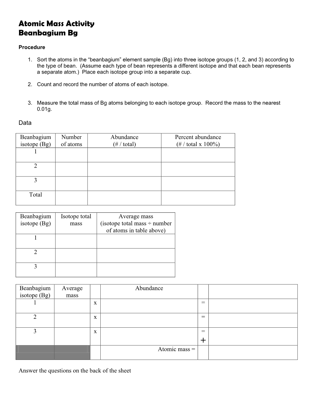 Atomic Mass Activity Beanbagium Bg