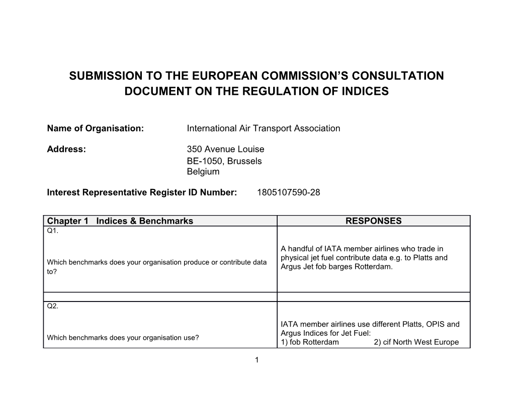 Submission to the European Commission S Consultation Document on the Regulation of Indices