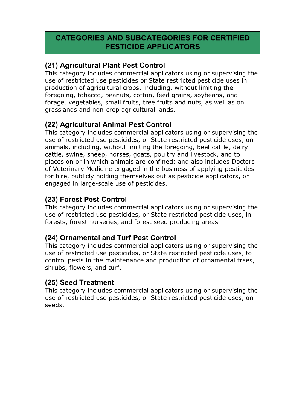 Categories and Subcategories of Pesticide Applicator Licenses