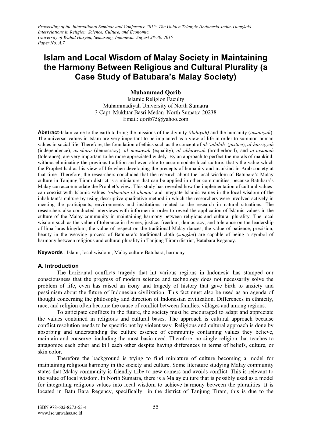 Islam and Local Wisdom of Malay Society in Maintaining the Harmony Between Religious and Cultural Plurality (A Case Study of Batubara’S Malay Society)