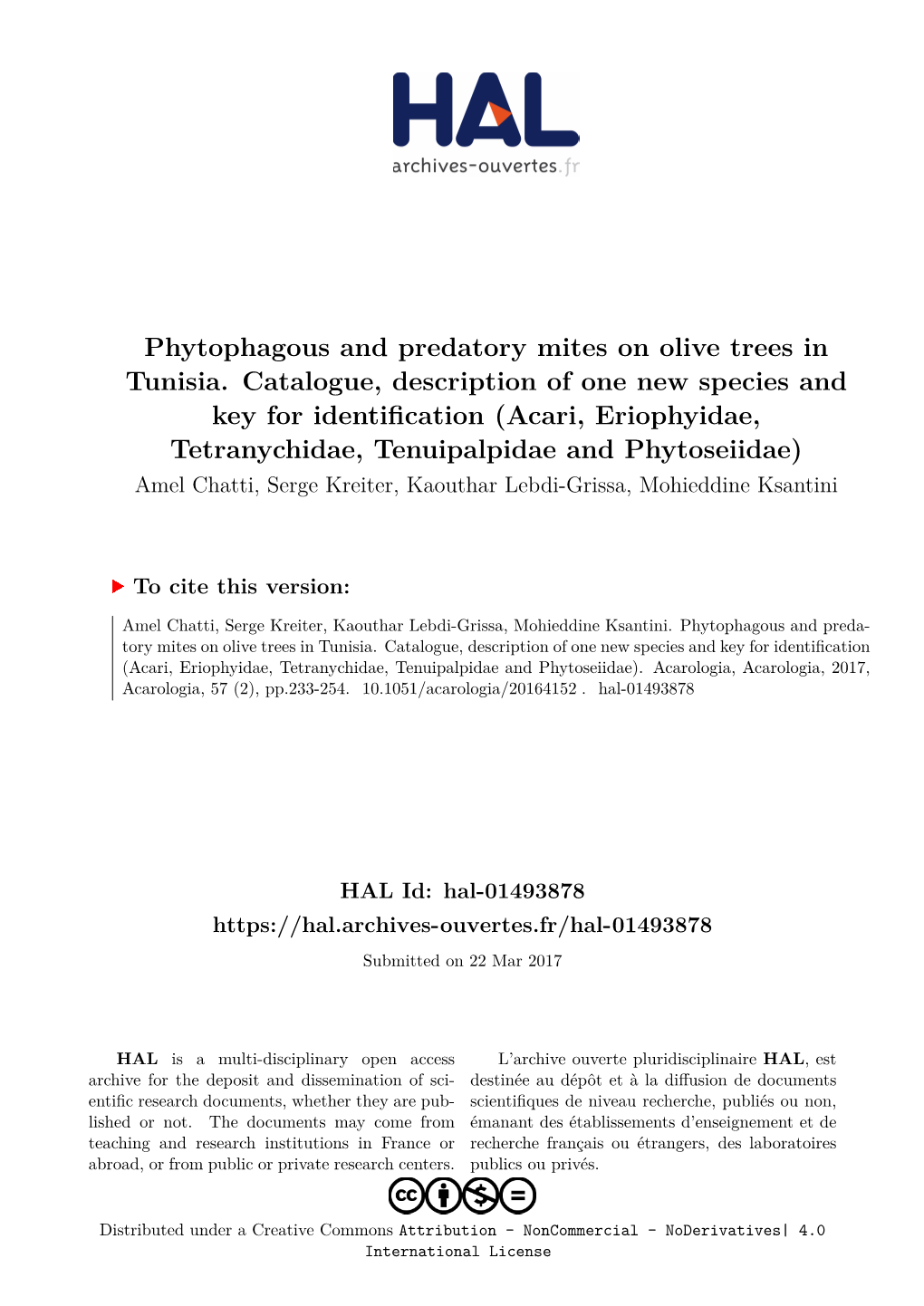 Phytophagous and Predatory Mites on Olive Trees in Tunisia. Catalogue
