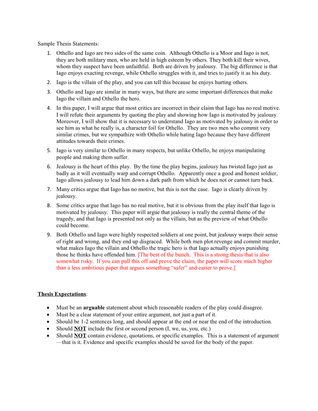 Sample Thesis Statements